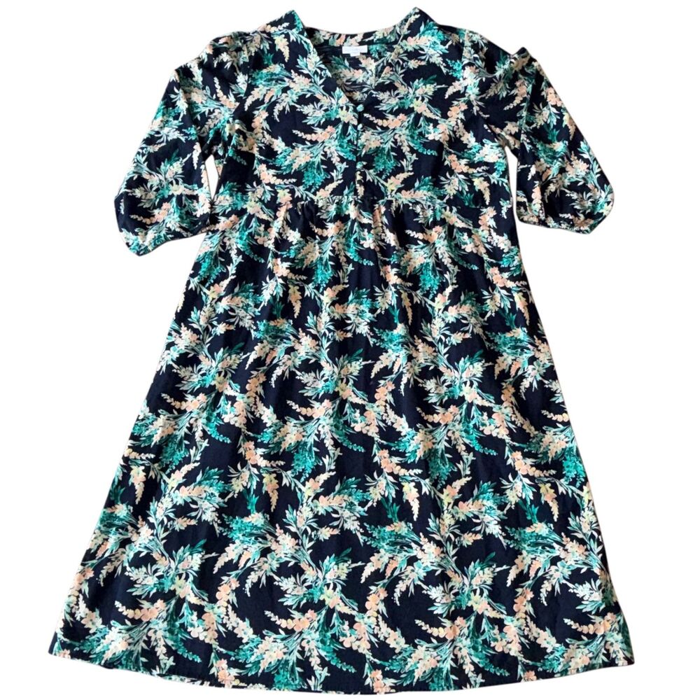 J. Jill Midi Shift Dress Navy Floral Exotic Blooms Garden Shift 100% Cotton Sz M